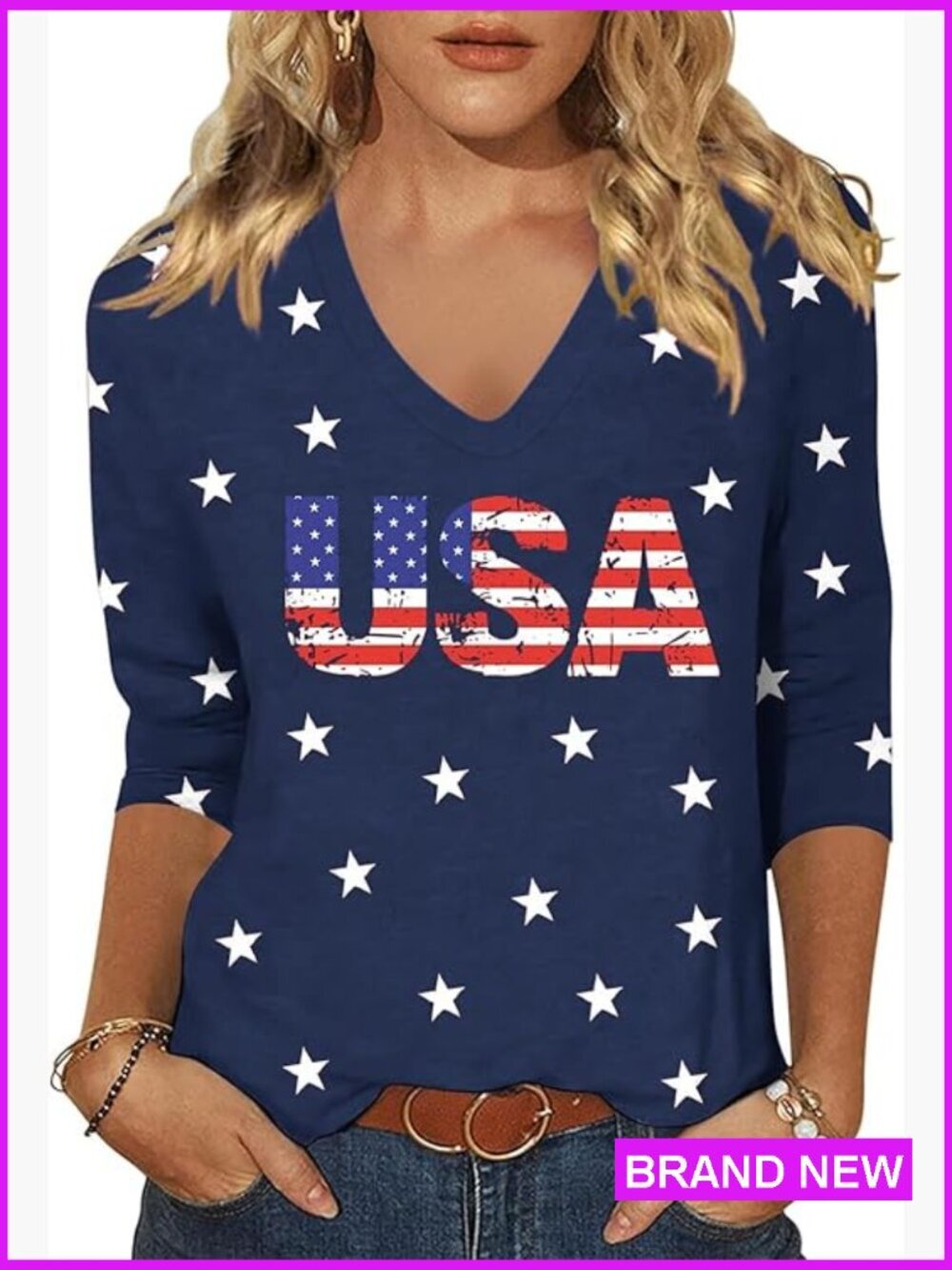 3/4 Sleeve V-Neck T-Shirt American Flag Star Graphic Tee Top